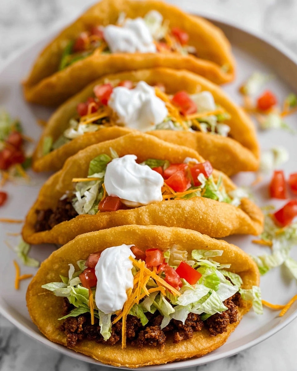 The image shows four taco-like dishes on a white plate set on a white marbled surface. Each dish has a golden, fried outer shell that is slightly puffed and crispy in texture. Inside the shell, the base layer is made of a dark brown cooked meat filling. On top of the meat, there is a layer of shredded pale green lettuce. Fresh, bright red chopped tomatoes add pops of color above the lettuce. Next, there is a sprinkle of thin, orange-yellow shredded cheese. Each taco is finished with a dollop of white sour cream placed at the center on top of the other ingredients. Some bits of lettuce, cheese, and tomato are scattered around the plate. The photo taken with an iphone --ar 4:5 --v 7