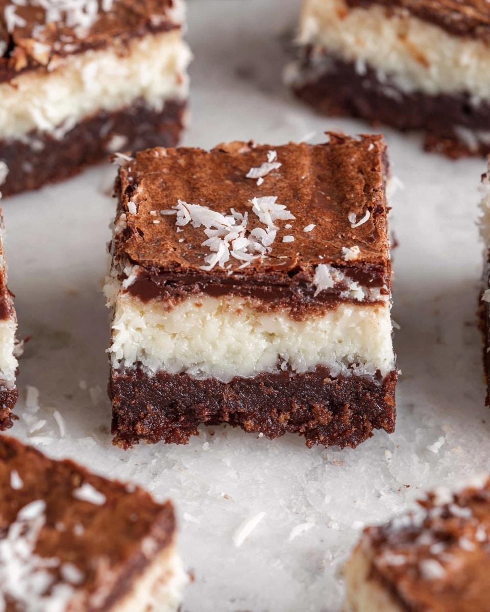 The image shows a close-up view of a square piece of layered dessert on a white marbled surface. The dessert has three clear layers: a rich, dark brown top layer with a cracked, slightly crispy texture; a middle creamy white layer with visible coconut flakes giving it a fibrous texture; and a thick, dense dark brown base layer that looks moist and fudgy. Other similar square pieces of the dessert are visible around it, all with the same distinct layering and textures. The photo taken with an iphone --ar 4:5 --v 7