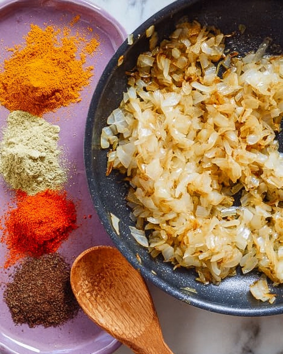 The image shows a close-up of a black pan filled with light brown cooked onions that have a soft and slightly translucent texture. Next to the pan is a purple plate with four small piles of powdered spices, arranged in a rough semi-circle: a pale yellow-green powder, a bright orange powder, a dark brown powder, and a deep red powder. A wooden spoon rests halfway on the edge of the pan and the plate. The background and surface under the pan and plate are white marble. photo taken with an iphone --ar 4:5 --v 7