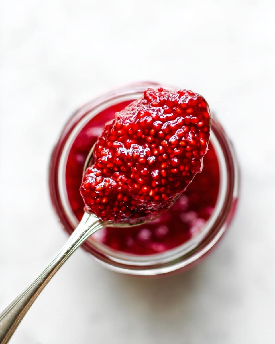 A shiny silver spoon holds a thick scoop of bright red jam filled with many small seeds, positioned over an open jar that is full of the same jam. The jar is clear and round, resting on a white marbled surface that adds a clean look to the image. The jam looks textured and glossy, shining under good light, showing its rich and sticky consistency. The photo has a close-up view from above, focusing on the spoon and the jar with a blurred background. photo taken with an iphone --ar 4:5 --v 7