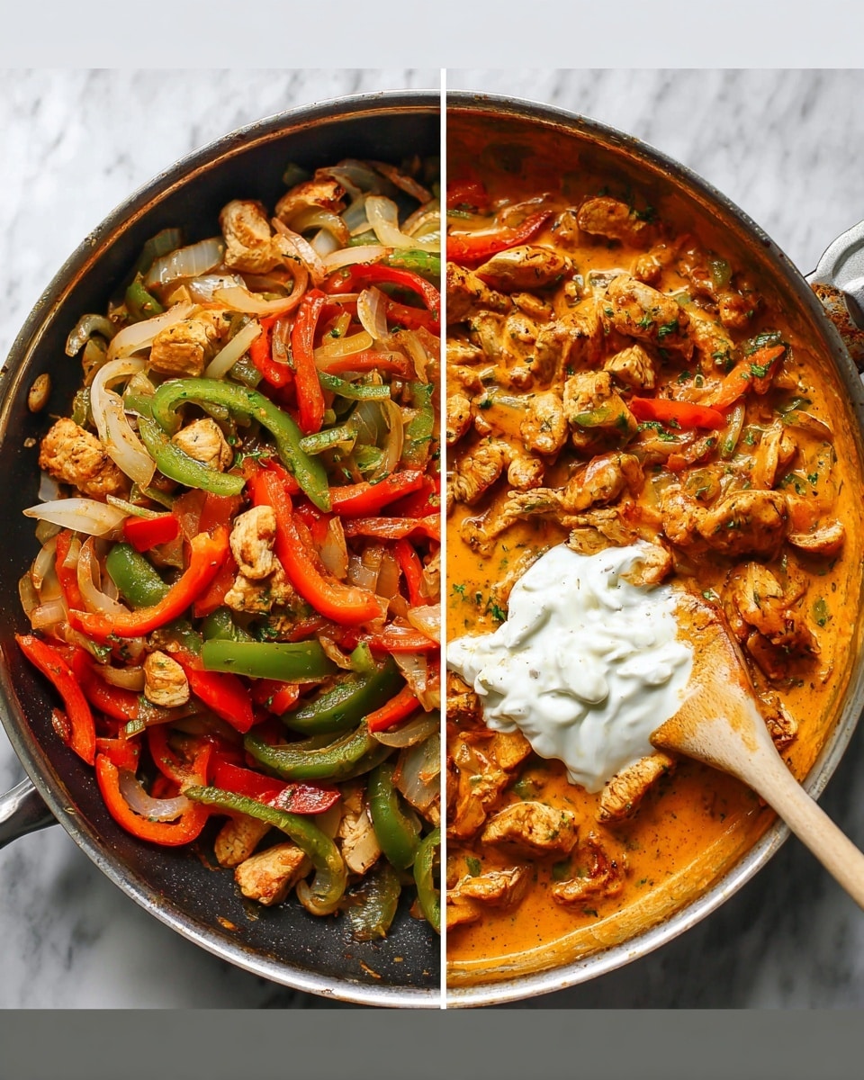 The image shows two side-by-side views of a frying pan on a white marbled surface. The left side shows a dish with three main layers: the bottom layer is the pan itself, the second layer consists of light brown small pieces of cooked chicken, and the top layer has colorful strips of green, red, and orange bell peppers mixed with translucent cooked onions, all lightly seasoned with herbs. The right side shows the same pan with the same chicken and vegetable mix, but now everything is covered in a creamy orange sauce. A large dollop of white cream rests on top, and a wooden spoon is stirring gently from the left side of the pan. photo taken with an iphone --ar 4:5 --v 7