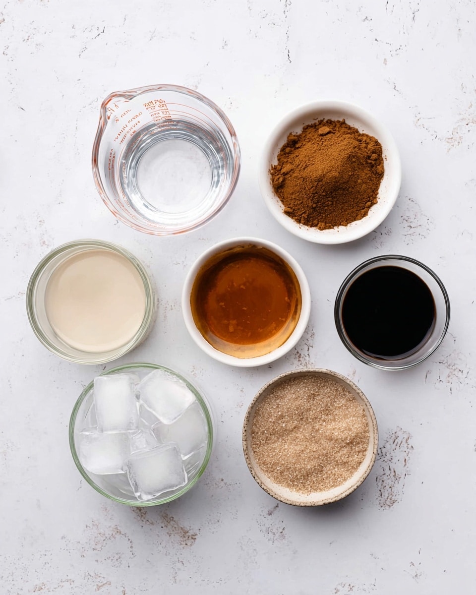 A top-down view of six small containers arranged on a white marbled surface, each holding different ingredients. From left to right in the top row, there is a clear glass measuring cup with water, a white bowl filled with a brown powdery spice, a white bowl with a glossy amber liquid, and another white bowl with a fine light brown powder. Below them, a small clear bottle with a pale creamy liquid is on the left, a white glass with chunks of ice in the middle, and a small clear glass of dark syrup or sauce is on the right. The containers are evenly spaced with clear textures visible in each ingredient. photo taken with an iphone --ar 4:5 --v 7