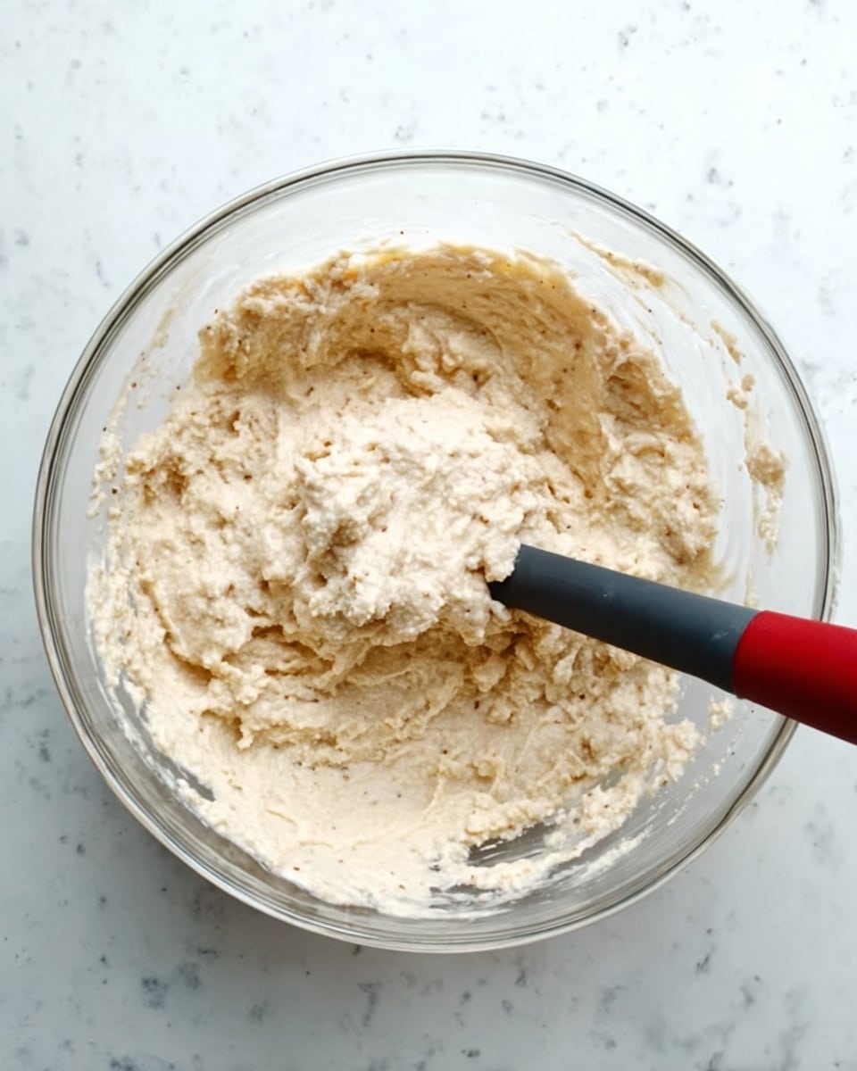 A clear glass bowl sits on a white marbled surface, filled with a thick, creamy mixture that is light beige with small darker specks throughout. A black and red spatula is partially lifted inside the bowl, scooping some of the mixture. The texture of the mixture looks rough and slightly lumpy with a moist appearance. The image is taken from above, showing the full round shape of the bowl and the spatula held inside it. Photo taken with an iphone --ar 4:5 --v 7
