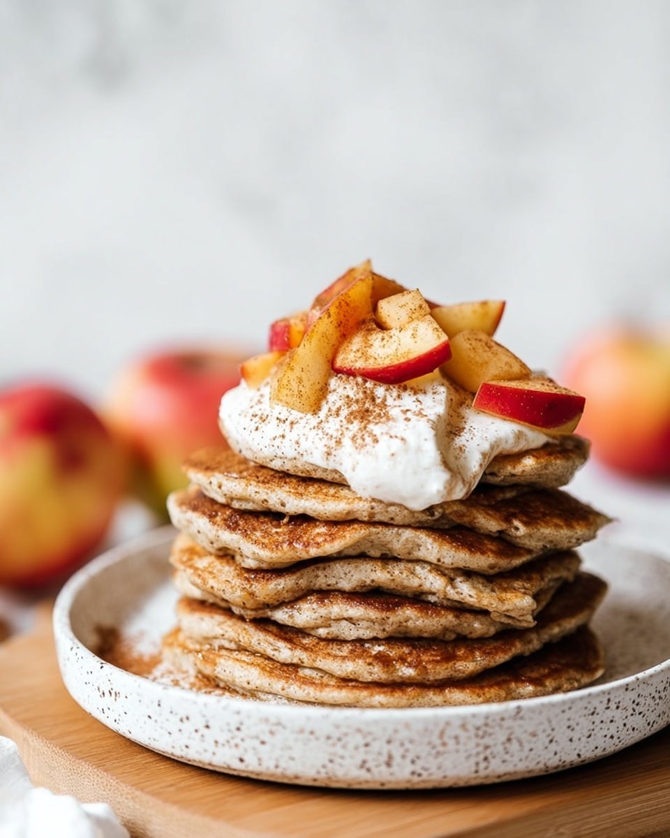 A stack of six thick light brown pancakes sits on a white speckled plate on a wooden board against a white marbled background. On top of the pancakes, there are small slices of cooked apples in red and yellow colors, a scoop of white cream, and a sprinkling of cinnamon powder. In the blurred background, whole apples are visible. photo taken with an iphone --ar 4:5 --v 7