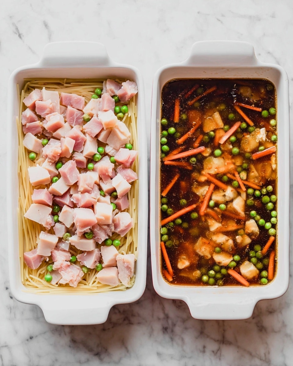 The image shows two white rectangular baking dishes on a white marbled surface. The left dish contains a layer of dry spaghetti noodles placed flat at the bottom, topped with scattered cubes of raw pink chicken pieces, small green peas, and thin orange carrot sticks. The right dish has the same ingredients but is covered with a dark brown liquid broth that partially submerges the chicken, peas, and carrots. Both dishes are viewed from above. photo taken with an iphone --ar 4:5 --v 7