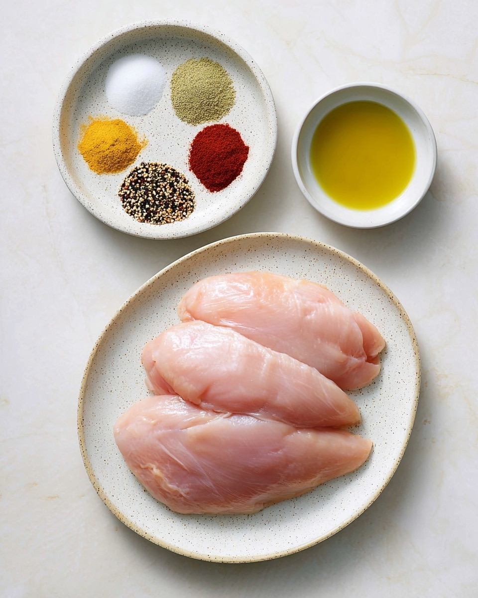 The image shows three raw pink chicken fillets placed overlapping on a white speckled plate, positioned at the bottom center. Above to the left, there's a white speckled bowl containing seven different spices carefully arranged in small neat piles in a circle, with colors including light yellow, green, white, black, red, and brown. To the right of the bowl, a small white bowl holds yellow olive oil with tiny black specks. All items rest on a white marbled surface, creating a clean and simple kitchen scene. photo taken with an iphone --ar 4:5 --v 7