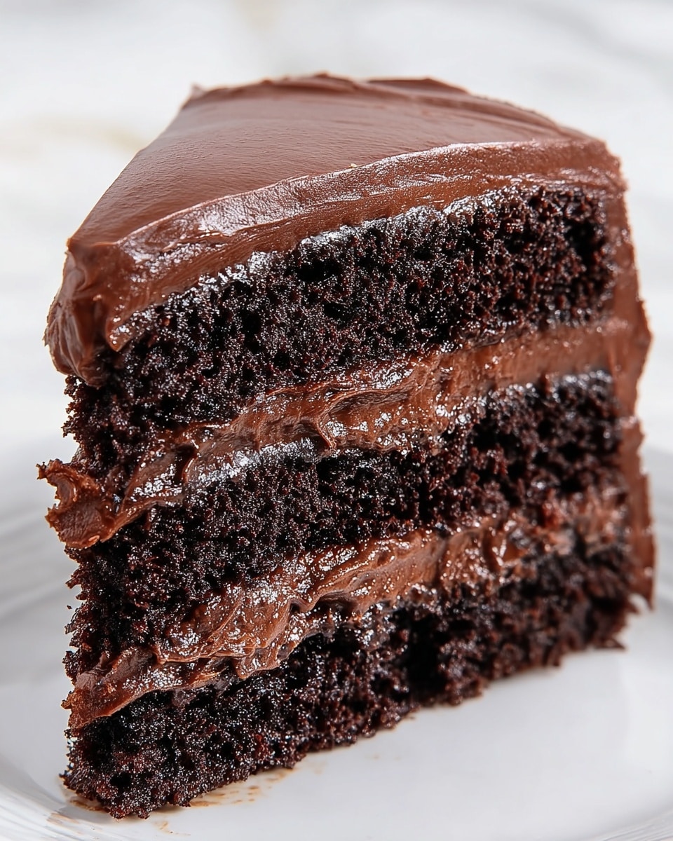 This image shows a thick slice of chocolate cake with four visible layers. The bottom layer is a dark, moist chocolate cake. Above it is a thick layer of smooth, shiny chocolate frosting. The third layer is another dark chocolate cake, followed by another thick layer of chocolate frosting. On top is a final layer of chocolate cake covered with a smooth, glossy layer of chocolate frosting. The cake looks rich and dense with a moist texture. The slice is placed on a white marbled surface. photo taken with an iphone --ar 4:5 --v 7