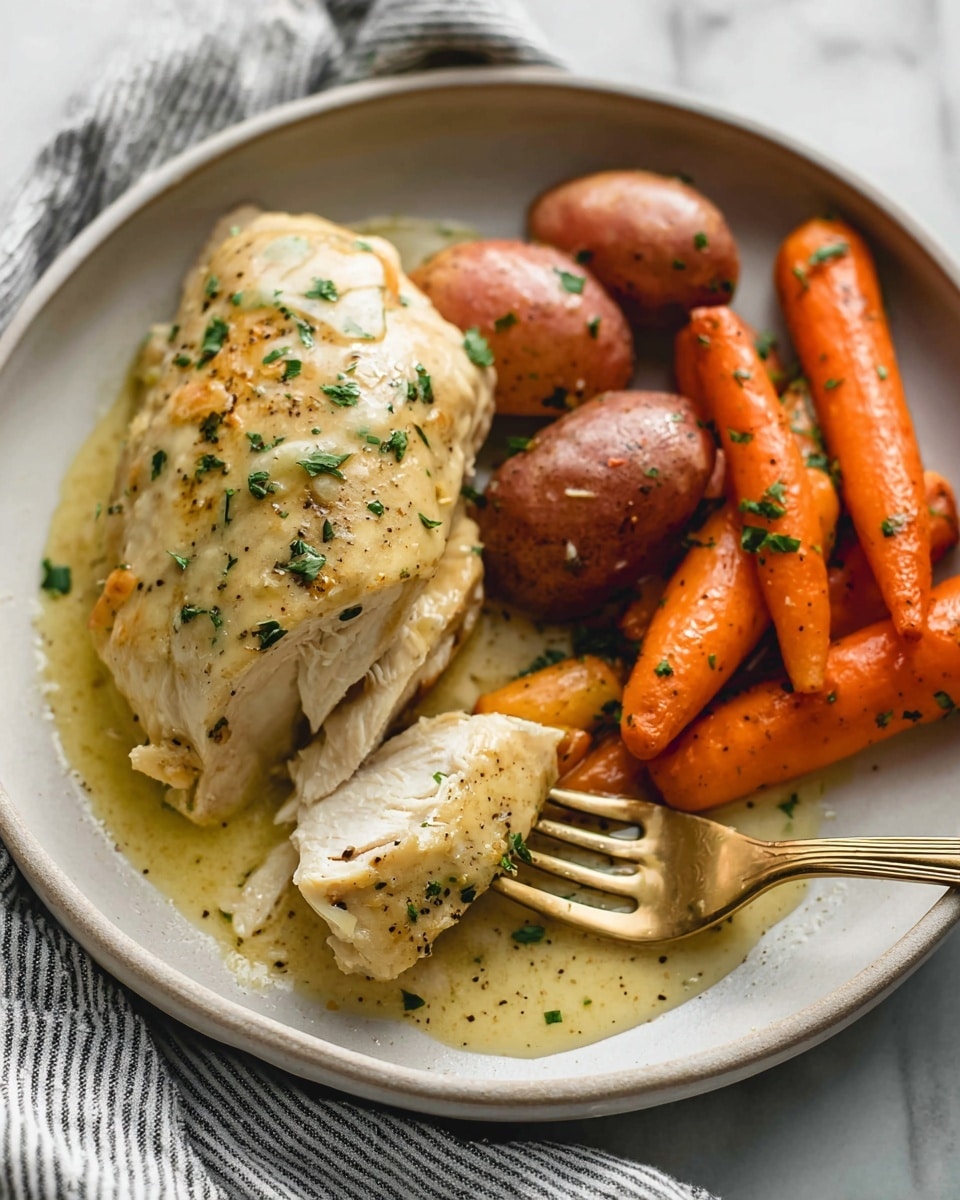 Slow Cooker Creamy Ranch Chicken Recipe 5 A white plate holds a cooked chicken piece with a light yellow sauce on top, sprinkled with chopped green herbs and black pepper. Next to the chicken are orange carrots and small red potatoes, also covered lightly with the sauce and seasoning. A golden fork is gently lifting a piece of the chicken, showing white inside meat. The plate sits on a white marbled surface with a striped cloth beside it. Photo taken with an iphone --ar 4:5 --v 7