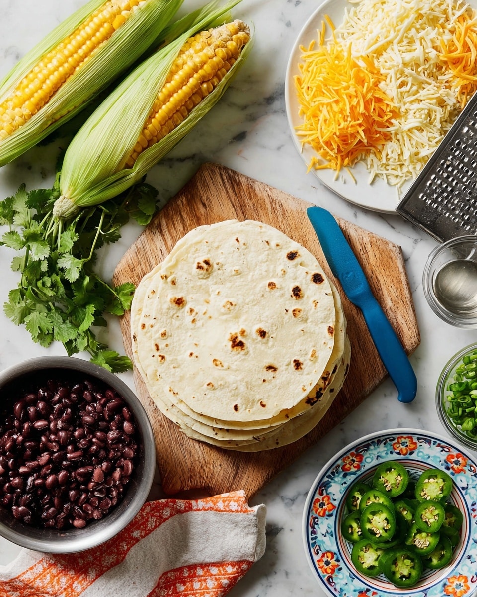 A top view of several ingredients arranged on a white marbled surface: at the center bottom, a stack of light beige soft tortillas with small brown spots rests on a wooden cutting board next to a blue-handled knife; to the left, fresh green cilantro leaves lay on the board, near two ears of yellow corn partially covered with green husks; at the top right, there is a white plate filled with three kinds of shredded cheese in pale yellow and orange shades, along with a metal grater; below it, a metallic bowl holds dark black beans; near the bottom right corner, a small clear bowl contains chopped green onions, and next to it a decorative white plate with blue and orange patterns holds sliced green jalapenos; the whole scene is bright and well-lit, with a striped orange and white cloth tucked under some items photo taken with an iphone --ar 4:5 --v 7