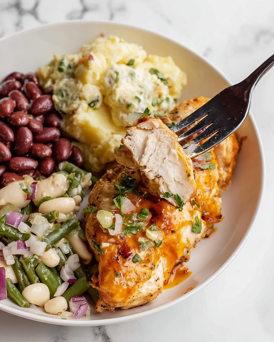 A white plate with three main sections: on the left, a mix of dark red kidney beans, white beans, and chopped green beans, all sprinkled with small green herb pieces; next to it, a creamy, light yellow potato salad with visible small bits of herbs; on the right, a piece of grilled chicken topped with orange sauce, chopped red onions, and green herbs, with a piece of chicken being held by a black fork, showing the juicy white inside of the chicken; the plate sits on a white marbled surface. photo taken with an iphone --ar 4:5 --v 7