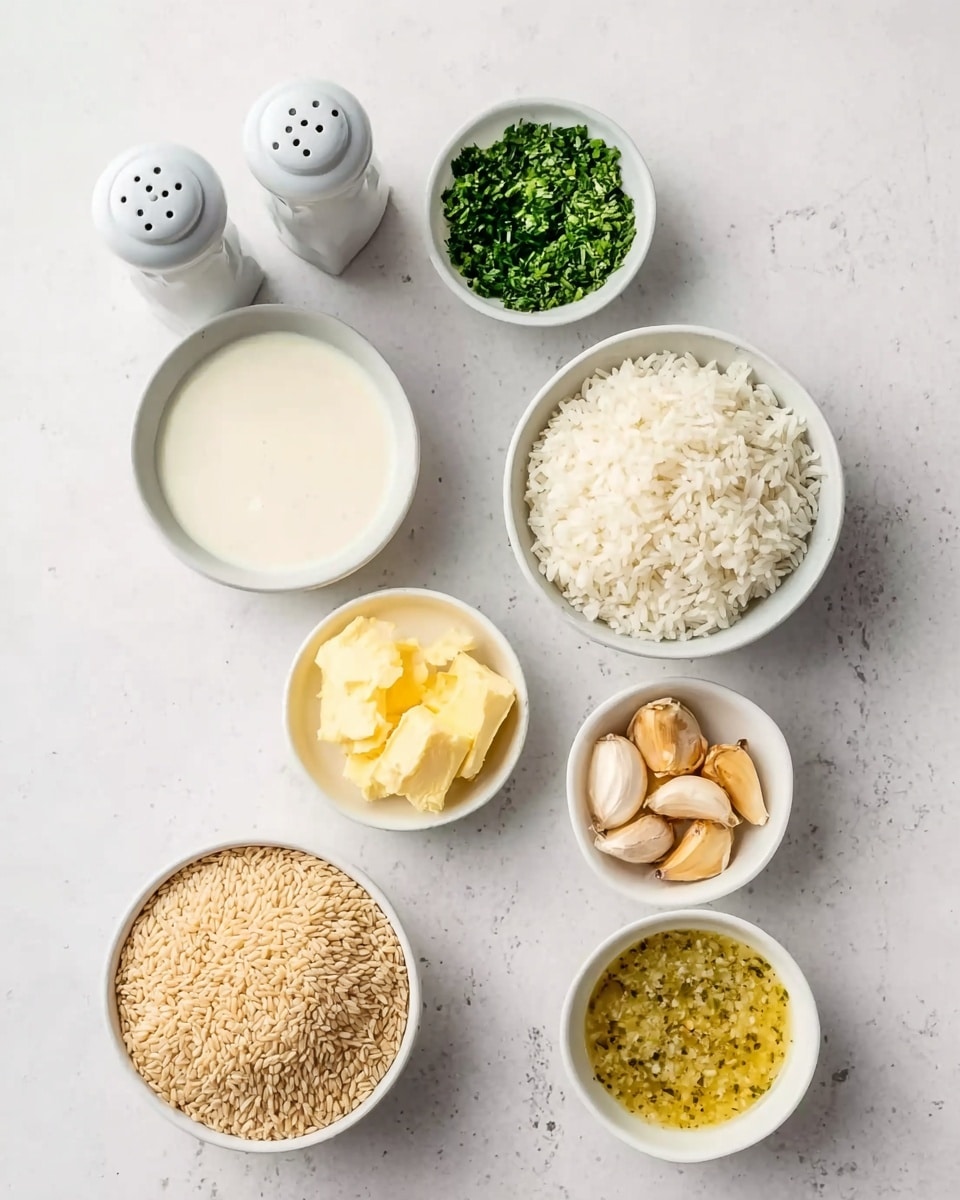 The image shows seven small white bowls and shakers arranged on a white marbled surface. At the top left are two white shakers. Next to them, on the right, is a small white bowl filled with chopped green herbs. Below the shakers is a white bowl with a creamy white liquid. To the right of that is a white bowl filled with cooked white rice. Below the creamy liquid is a small white bowl holding roasted garlic cloves. To the right of the garlic is a small white bowl of soft yellow butter. At the bottom left is a white bowl filled with light brown uncooked rice grains. On the bottom right, a white bowl contains a yellowish-green sauce with visible herbs mixed inside. Photo taken with an iphone --ar 4:5 --v 7