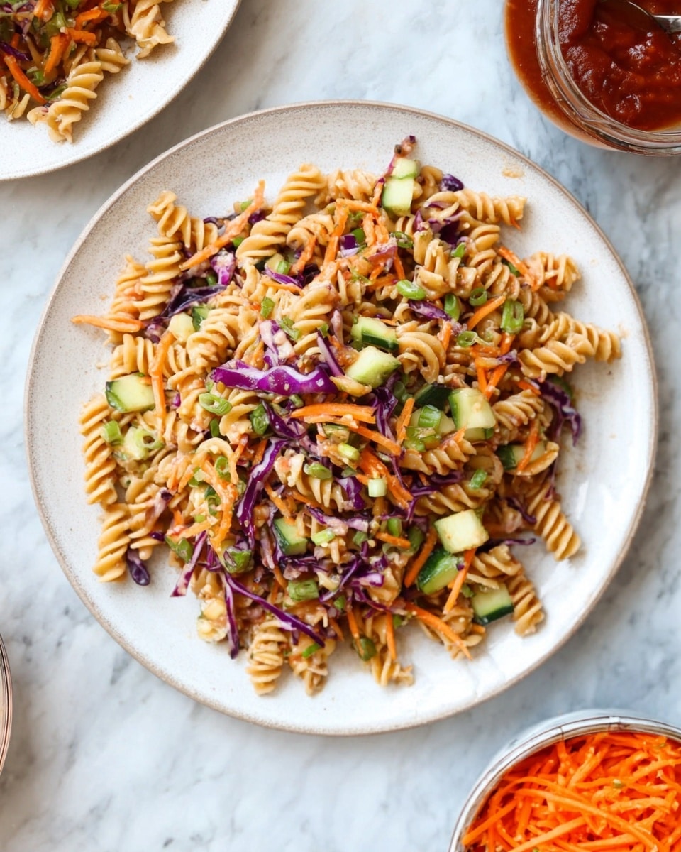 A white plate holds a colorful pasta salad with about three layers mixed together: light brown spiral pasta as the base layer, shredded orange carrots and chopped purple cabbage scattered evenly on top, and small chunks of pale green cucumber mixed throughout. Green spring onion pieces are sprinkled over the salad adding fresh contrast. The plate is set on a white marbled surface. There are also smaller white bowls nearby holding bright orange shredded carrots and a red sauce. Photo taken with an iphone --ar 4:5 --v 7