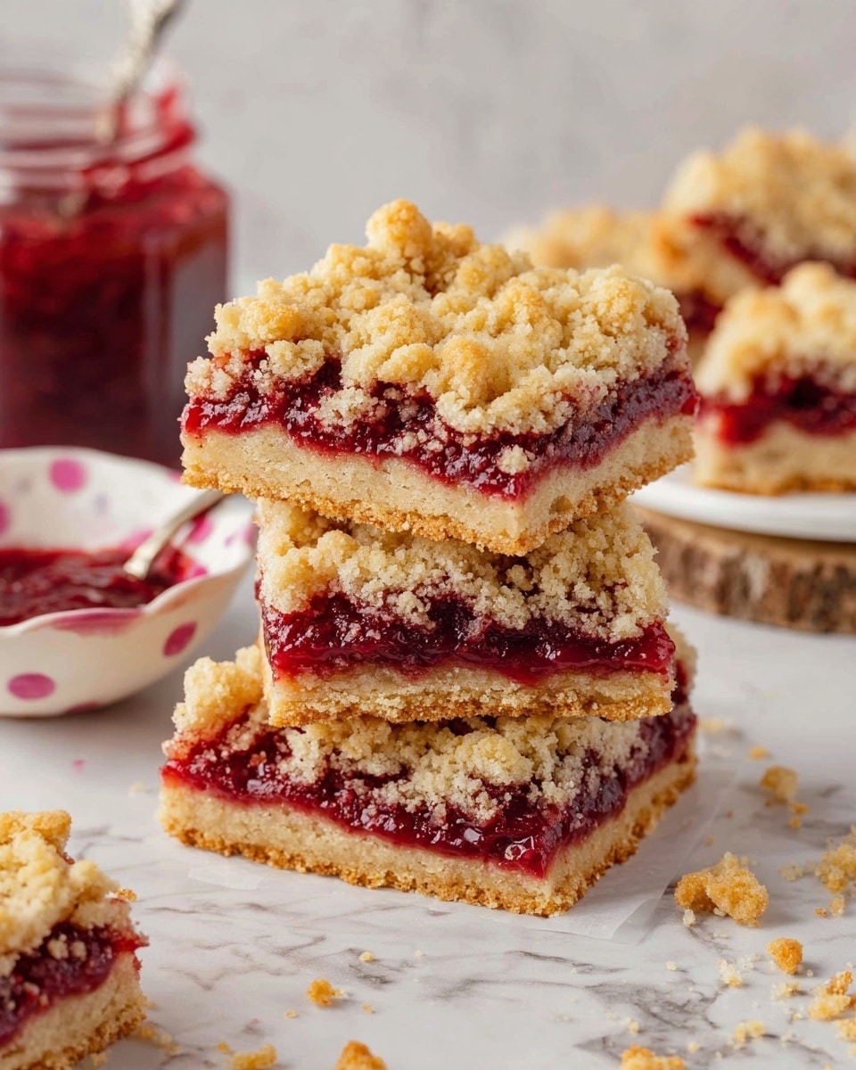 The image shows a stack of three square raspberry crumble bars. Each bar has three layers: a golden crumbly bottom layer, a bright red and slightly glossy raspberry jam middle layer, and a thick topping of golden crumbly pieces with uneven texture. The bars are placed on a white marbled surface, with crumbs scattered around. In the foreground, there is a white bowl with pink dots filled with more raspberry jam and a spoon inside. In the background, to the left, there is a partially visible glass jar filled with raspberry jam, and to the right, part of a white plate with a rustic wooden base is seen. Photo taken with an iphone --ar 4:5 --v 7