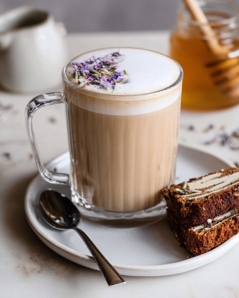 A transparent glass cup filled with a creamy light brown drink topped with a smooth layer of white foam sprinkled with small purple and green dried flower petals on one side near the handle, resting on a white plate that holds two broken pieces of brown and white swirled cake and a silver spoon with a black handle, all set on a white marbled surface with a blurred jar of honey and honey dipper in the background, photo taken with an iphone --ar 4:5 --v 7