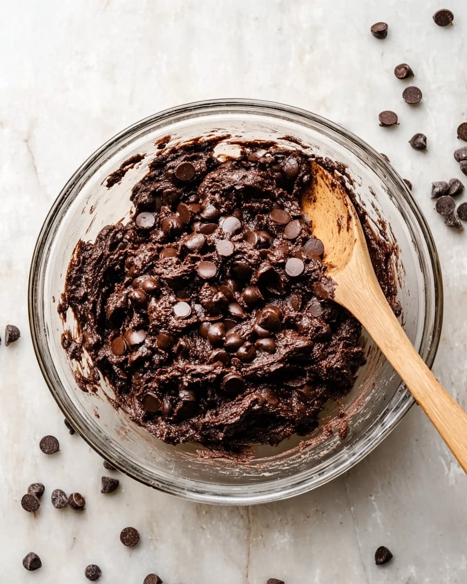 A clear glass bowl filled with dark brown chocolate dough mixed with many shiny dark chocolate chips, with some dough stuck to the sides of the bowl. A wooden spoon partially dipped in the dough is resting inside the bowl on the right side. The bowl is placed on a white marbled surface with scattered dark chocolate chips around it. photo taken with an iphone --ar 4:5 --v 7