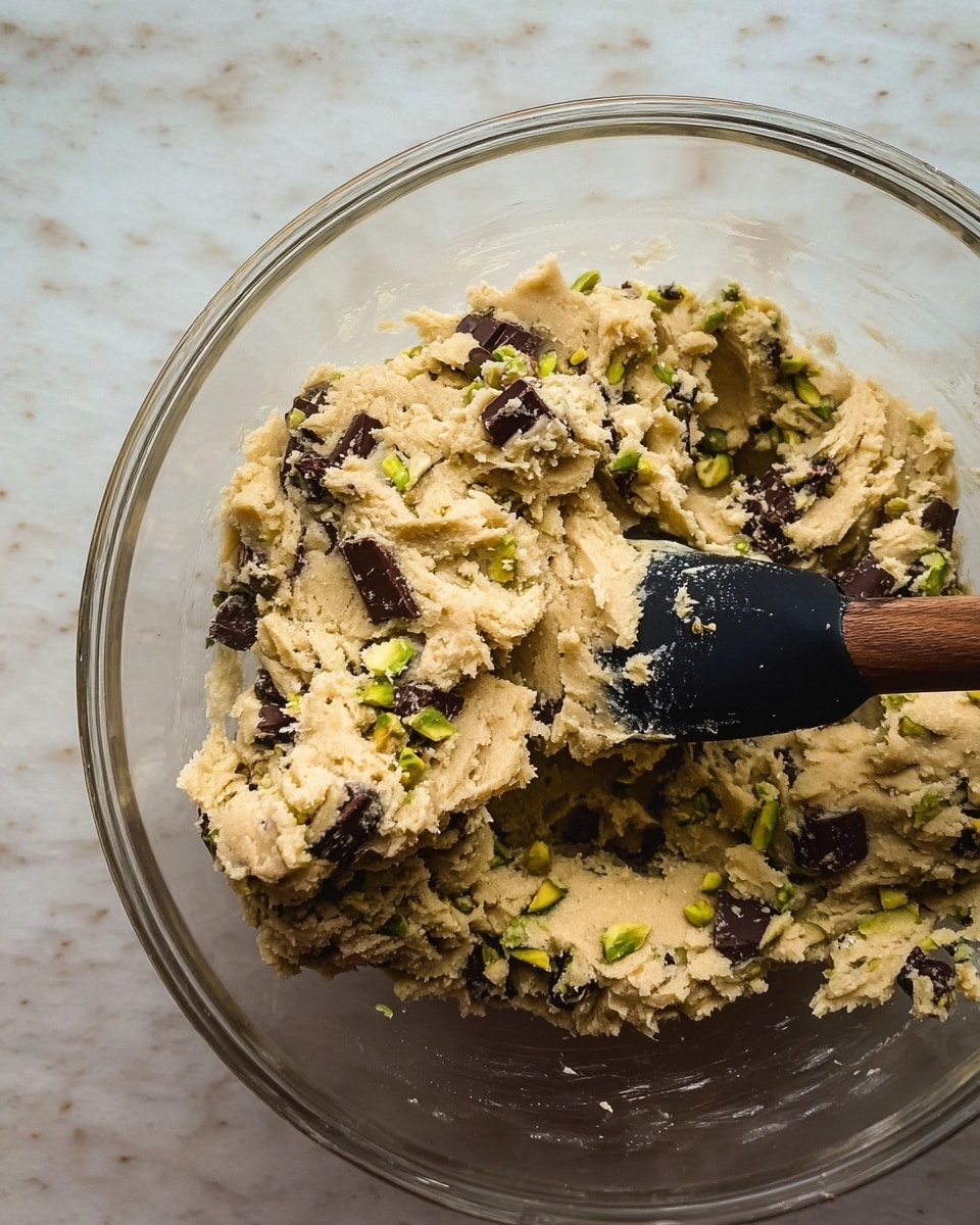 The image shows a clear glass bowl filled with cookie dough mixed with dark chocolate chunks and small green pieces, likely pistachios. The dough is light beige with a slightly rough texture and is being stirred by a black spatula with a wooden handle. The bowl sits on a white marbled surface. Photo taken with an iphone --ar 4:5 --v 7
