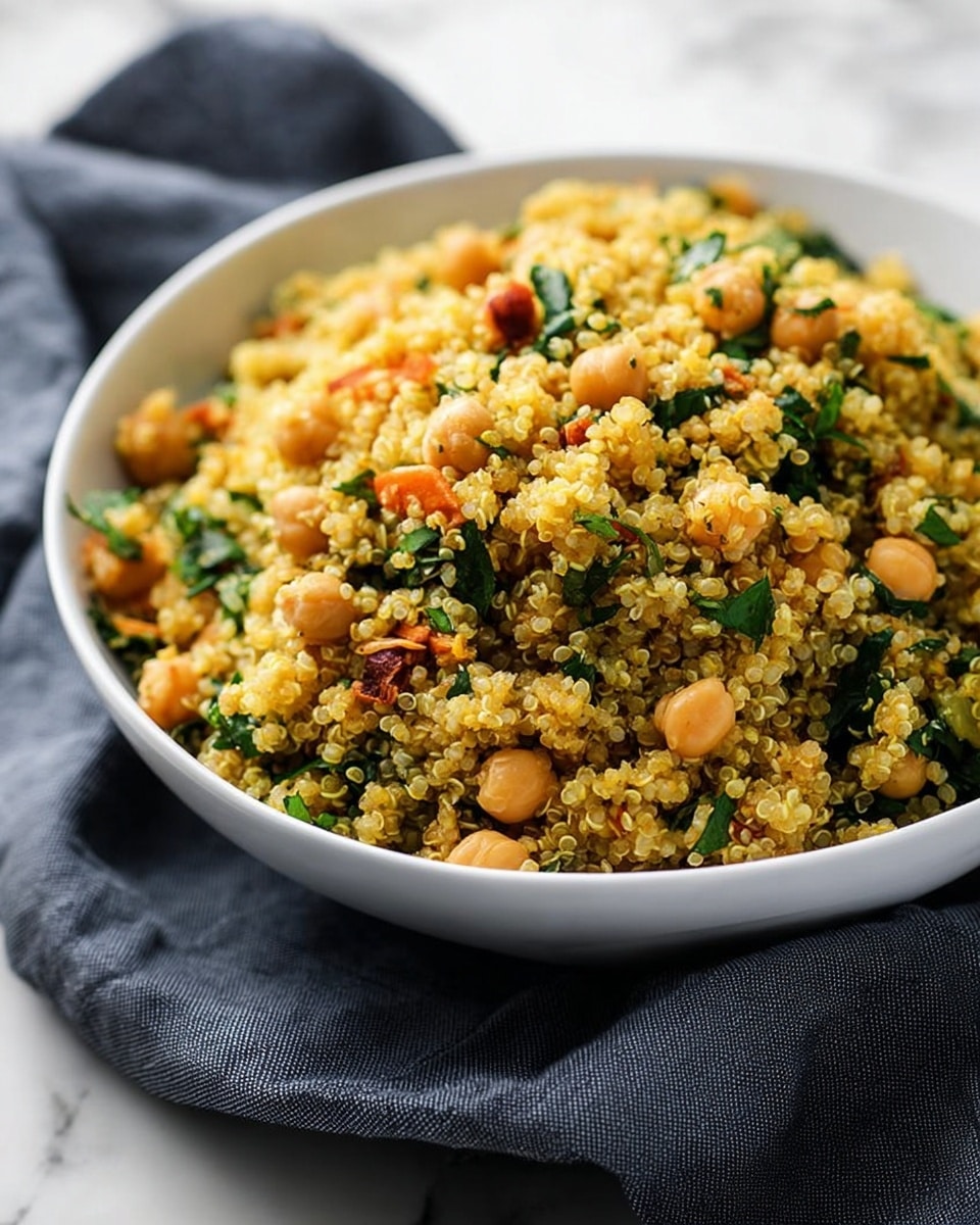 A white bowl filled with a vibrant quinoa salad sitting on a dark gray cloth over a white marbled surface. The salad has small, round, golden-yellow quinoa grains mixed with light brown chickpeas scattered evenly throughout. There are also small pieces of green leafy herbs mixed in, adding pops of fresh green color. Some small chunks of reddish-orange nuts or seeds add texture and color contrast. The quinoa looks fluffy and slightly separated, creating a textured and colorful mix. photo taken with an iphone --ar 4:5 --v 7