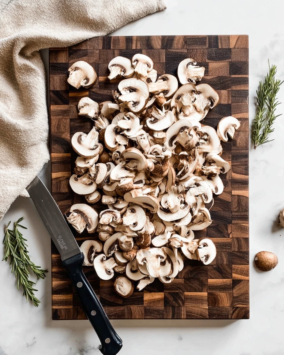 A dark wooden board with a pattern of small squares is full of many white and light brown sliced mushrooms with dark inner details. Some whole mushrooms are mixed in with the slices. There is a black-handled knife laid flat among the mushrooms on the board. The board is placed on a white marbled surface; to the left, a beige cloth is partially visible, and to the right, two small green rosemary sprigs rest on the surface. photo taken with an iphone --ar 4:5 --v 7