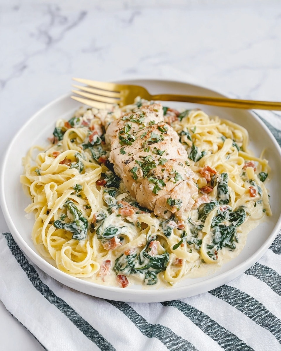 A white plate holds a serving of creamy pasta with a light yellow color mixed with green spinach pieces and small reddish bits, all coated in a smooth white sauce. On top sits a piece of cooked chicken with a light brown surface and bits of green herbs sprinkled over it. A gold fork rests behind the chicken, leaning on the plate. The plate is on a white marbled surface with a white and dark green striped cloth partly visible under it. Photo taken with an iphone --ar 4:5 --v 7