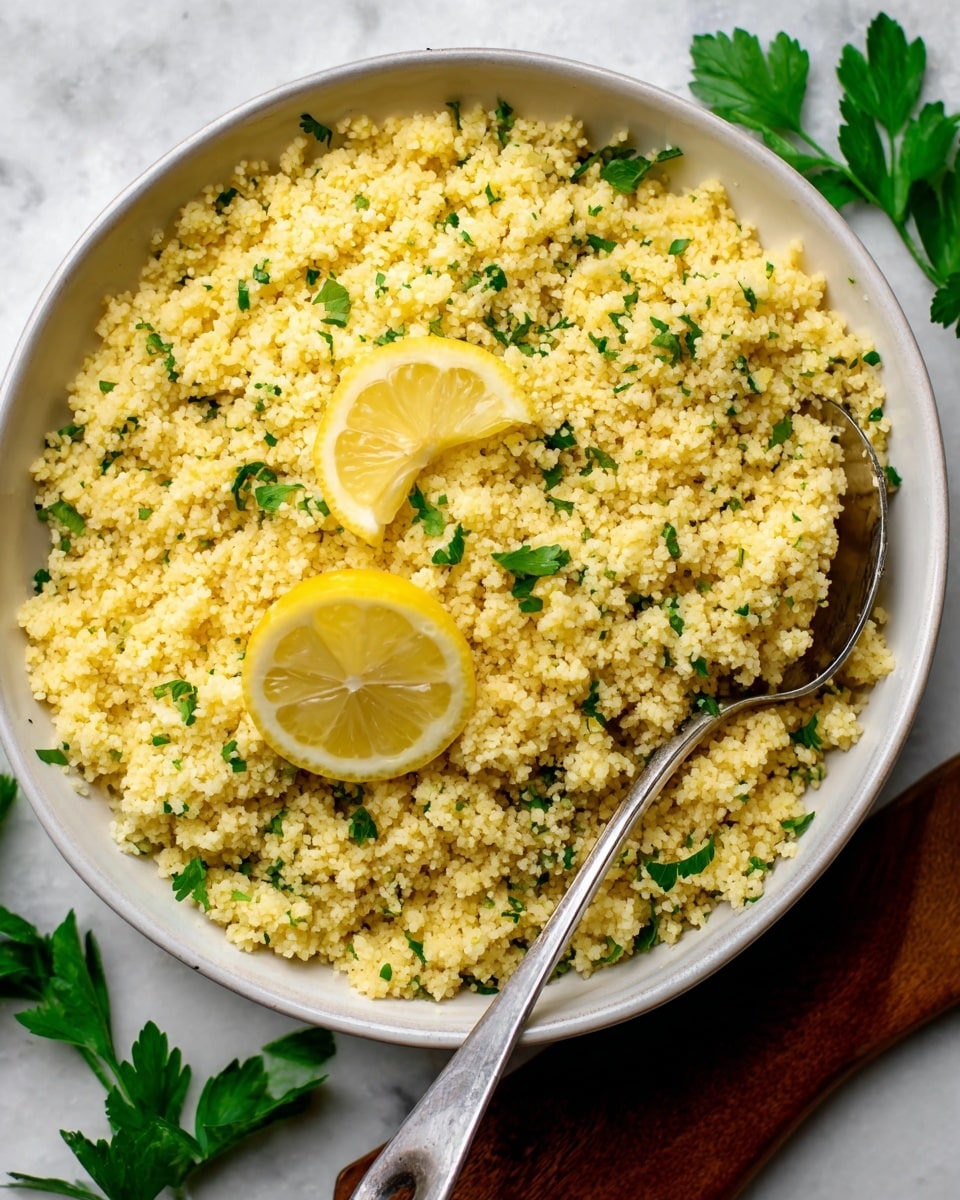 The image shows a white bowl filled with a fluffy yellow couscous dish, mixed with small green parsley bits scattered evenly throughout. On top of the couscous, there are two lemon wedges placed close to each other near the center. A silver spoon is resting on the right side inside the bowl with its handle extending out over a white marbled surface. There are fresh green parsley leaves placed around the bowl on the white marbled background. The photo taken with an iphone --ar 4:5 --v 7