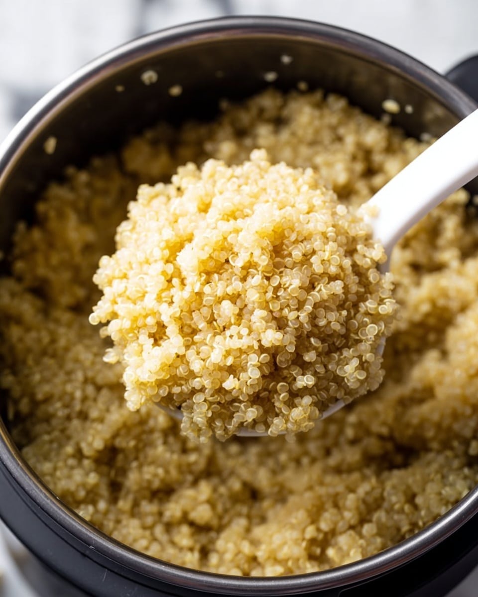 A close-up image of a black pot filled with light yellow cooked quinoa, showing many small, round grains with a slightly fluffy texture. A white scoop is lifting a portion of the quinoa from the pot, highlighting the soft, slightly shiny grains. The pot sits on a white marbled surface visible in the blurred background. photo taken with an iphone --ar 4:5 --v 7