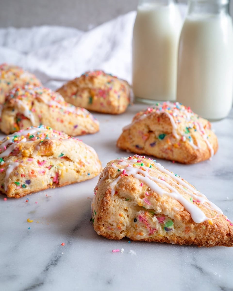 The image shows several triangular scones spread on a white marbled surface, each scone having a light golden brown color with colorful sprinkles mixed throughout. The scones have a slightly rough texture, and many have a light drizzle of white icing on top. In the background, two glass bottles filled with milk are visible, and a white cloth is softly draped behind them. The closest scone is in sharp focus, while the others blur softly toward the back, creating depth. photo taken with an iphone --ar 4:5 --v 7