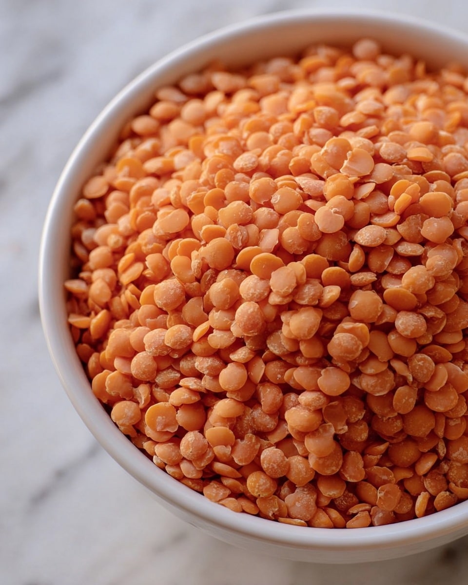 A close-up image of a single layer of small, round orange lentils filling a white bowl, the lentils have a matte texture with some showing tiny surface cracks, the bowl is placed on a surface with a white marbled texture, the focus is sharp, showing fine details of each lentil photo taken with an iphone --ar 4:5 --v 7