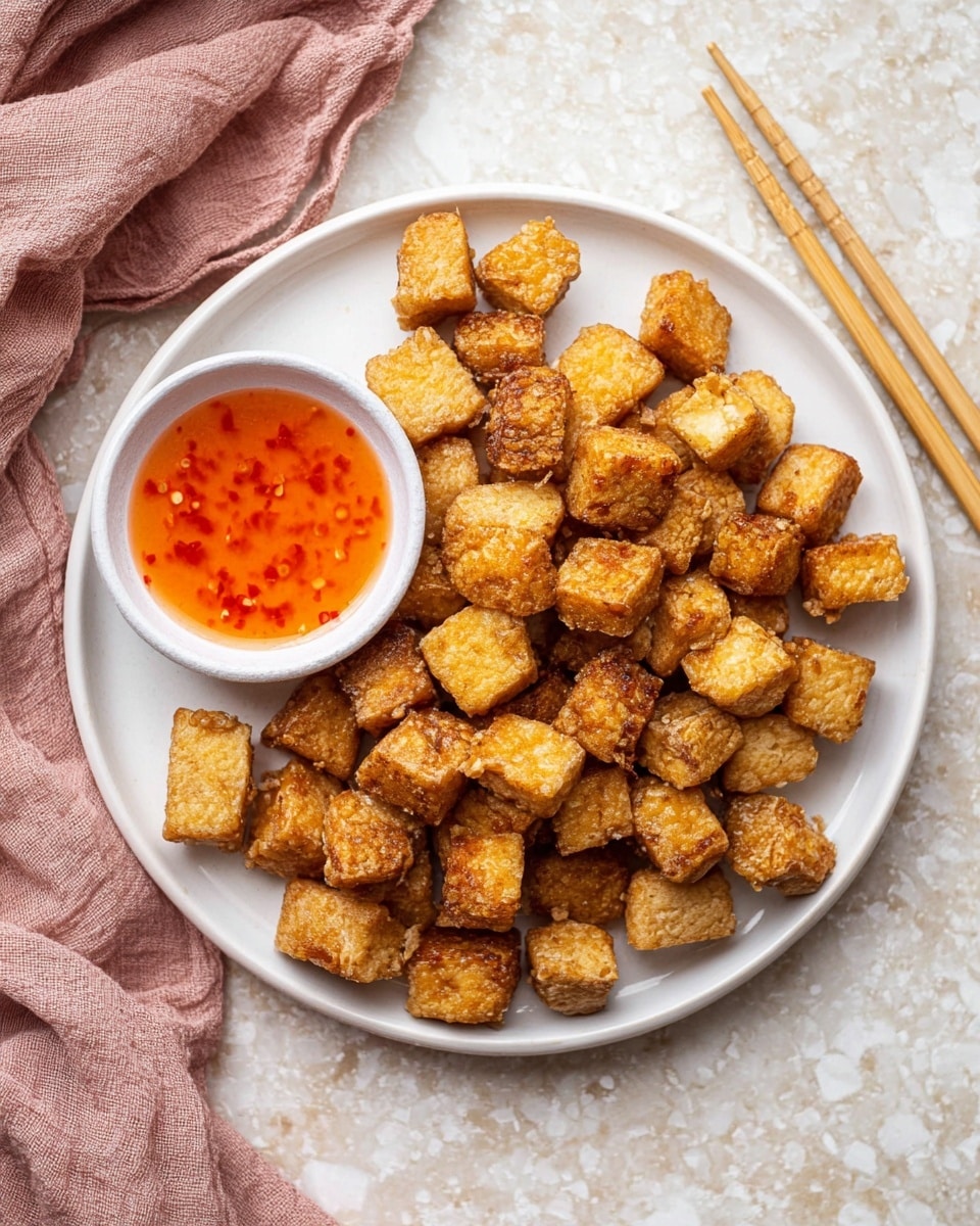 The image shows a white plate filled with small, golden-brown crispy tofu cubes that have a crunchy texture and are arranged to cover most of the plate surface. On the left side of the plate, there is a small white bowl filled with bright orange-red sweet chili sauce, with visible chili flakes, positioned next to the tofu pieces. The plate sits on a white marbled textured surface, with a pair of light wooden chopsticks placed diagonally in the top right corner and a soft pink cloth folded near the top left, adding subtle color contrast. photo taken with an iphone --ar 4:5 --v 7