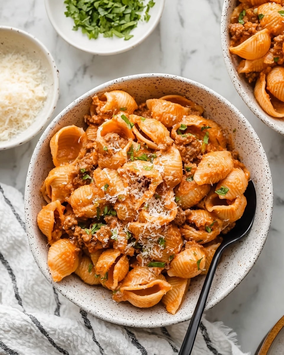 A white speckled bowl filled with about three layers of shell pasta mixed with a reddish-orange sauce and small pieces of brown meat. The pasta is sprinkled with small bits of green herbs and a light dusting of grated cheese. A black spoon rests inside the bowl on the right side. To the upper right, there is a partial view of another similar bowl with more pasta. Above the main bowl are two small white bowls, one with finely chopped green herbs and the other with grated cheese. The background and surface have a white marbled texture, and a white and gray striped cloth is partially visible under the main bowl. Photo taken with an iphone --ar 4:5 --v 7