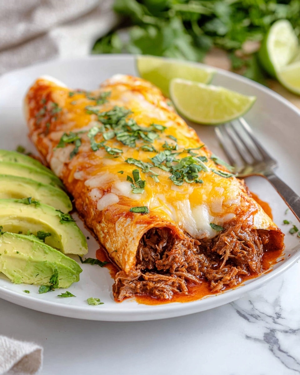 The image shows a white plate holding one rolled enchilada with shredded brown meat inside. The enchilada is topped with two layers of melted cheese in yellow and white colors, covered with a red sauce, and sprinkled with chopped green herbs. On the left side of the plate are slices of green avocado, and in the background, there are two lime wedges and some green leafy herbs on a white marbled surface. A fork is visible on the right edge of the plate. The photo taken with an iphone --ar 4:5 --v 7