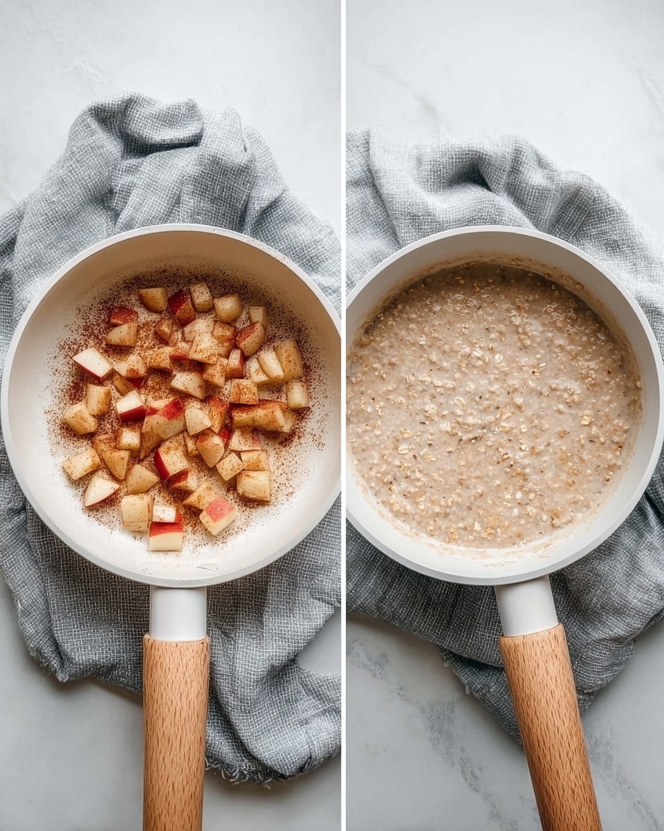The image shows two white cookware pans with wooden handles placed on a soft gray cloth over a white marbled surface. The left pan contains small, light brown and red cubes of cooked apples with a slight cinnamon dusting on the pan base. The right pan has a creamy oatmeal mixture with light beige and tan oats floating in a thick, smooth base, evenly spread inside the pan. photo taken with an iphone --ar 4:5 --v 7