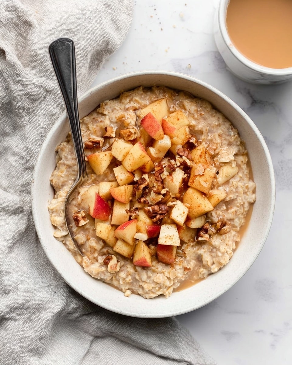 The image shows a bowl filled with creamy oatmeal that looks soft and light brown in color. On top of the oatmeal are small, diced pieces of cooked apple, which are golden brown with hints of red skin still visible, adding texture and color contrast. Scattered among the apple pieces are small clusters of chopped nuts, which are light brown and slightly rough in texture. A silver spoon is placed inside the bowl on the left side, resting on the oatmeal. The bowl is white and sits on a white marbled surface, surrounded by a light gray cloth. On the upper right corner, a partial view of a white cup with a light brown drink can be seen. photo taken with an iphone --ar 4:5 --v 7