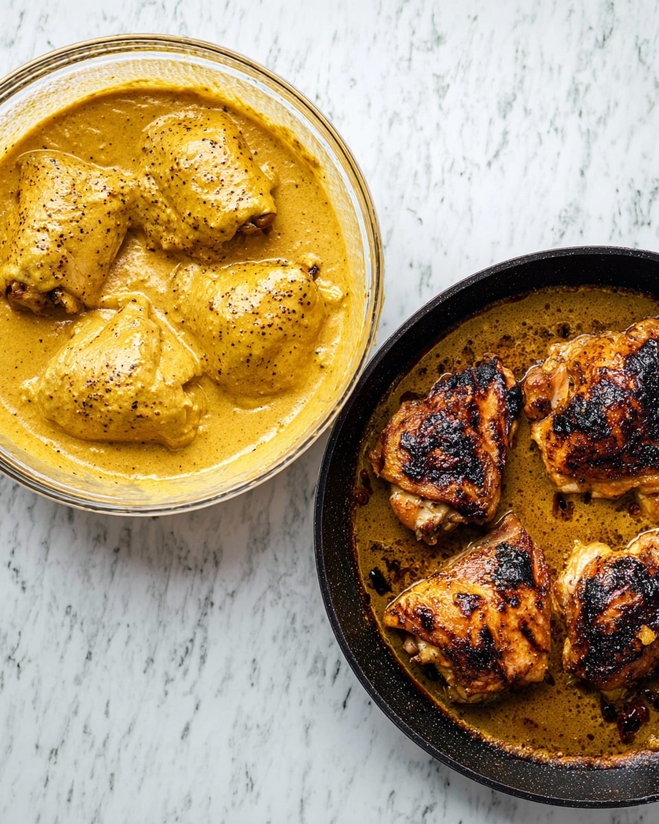 A clear glass bowl on the left side filled with four raw chicken pieces covered in a thick yellowish-orange creamy marinade with black pepper specks, showing a smooth and slightly grainy texture. On the right side, a black skillet contains four cooked chicken pieces with a golden brown and charred crust, sitting in a shallow pool of dark oily juices with small bits of seasoning sticking to the pan. Both items are placed on a white marbled surface. photo taken with an iphone --ar 4:5 --v 7