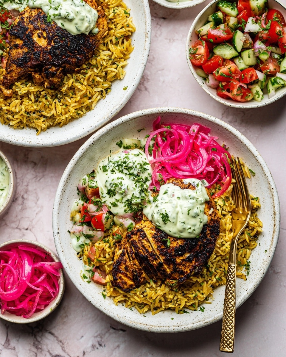 The image shows two white ceramic bowls filled with a layered dish. The bottom layer is a bed of yellowish-brown seasoned rice with visible herbs sprinkled on top. On top of the rice, there is a piece of grilled chicken with a dark brown, slightly charred crust. Next to the chicken, there is a dollop of pale green creamy sauce with small green herb pieces. A colorful mix of diced red tomatoes, green cucumbers, and herbs sits beside the chicken and rice. Bright pink pickled onion slices are scattered on top, adding a vibrant contrast. Around the bowls are smaller white bowls containing more pickled onions and fresh diced salad on a white marbled surface. A gold fork with a textured handle rests inside one main bowl. The photo taken with an iphone --ar 4:5 --v 7