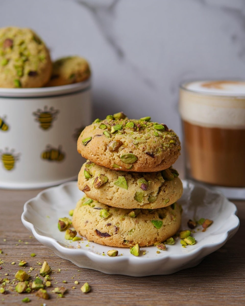 A stack of four round, soft cookies sits on a white plate with a wavy edge, each cookie light brown with bright green chopped pistachios scattered on top. The cookies' surface is slightly cracked, showing a soft texture with crunchy nut pieces. Around the plate are small bits of pistachio. In the background, there is a white container with small bee designs filled with more cookies, and a glass cup with layered coffee and white foam on top, all placed on a wooden surface against a white marbled texture. Photo taken with an iphone --ar 4:5 --v 7