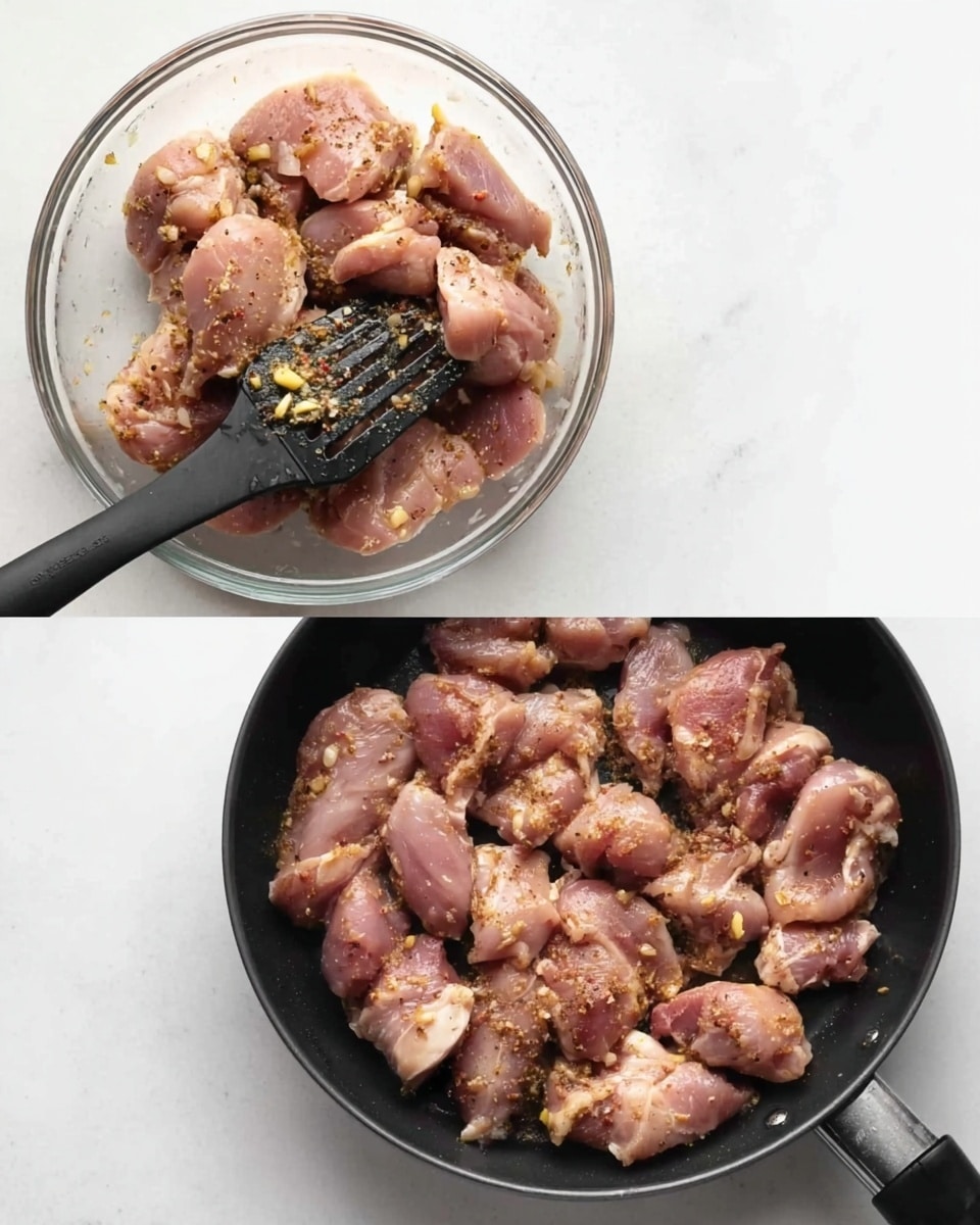 The image shows two parts: on the left side, a clear glass bowl filled with pieces of raw chicken seasoned with small bits of garlic and spices, with a black spatula resting against the chicken. On the right side, a black frying pan filled with the same raw chicken pieces spread out evenly, ready to cook. The background is a white marbled texture. photo taken with an iphone --ar 4:5 --v 7