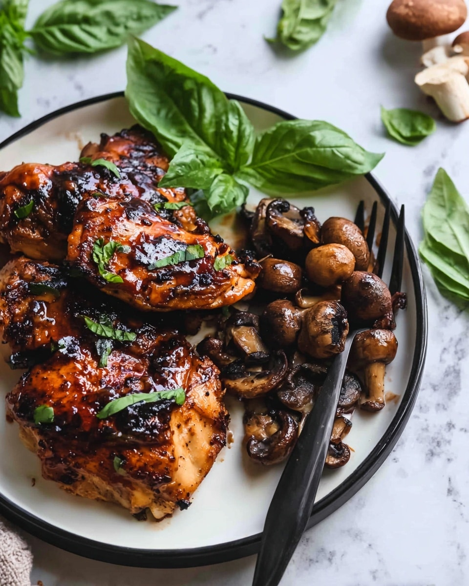 A white plate with a black rim holds three pieces of grilled dark meat chicken glazed with a shiny brown sauce. The chicken is garnished with fresh green basil leaves. Next to the chicken, there is a small pile of cooked brown mushrooms, some halved and sautéed, with a slightly glossy texture. A black fork rests on the right side of the plate, partially under the mushrooms. The background is a white marbled surface, and some scattered basil leaves are visible nearby. Photo taken with an iphone --ar 4:5 --v 7