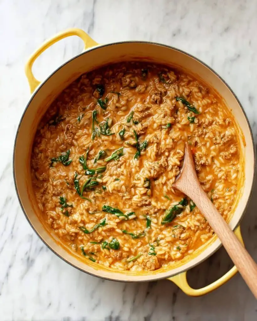 Ground Beef Orzo with Tomato Cream Sauce Recipe