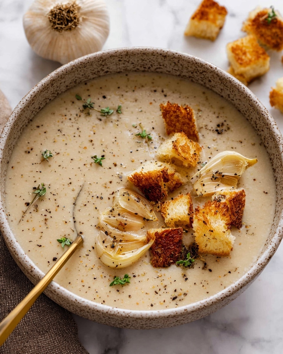 A bowl of creamy beige soup sprinkled with cracked black pepper and small green herb leaves sits on a white marbled surface. Inside the soup, there are roasted whole garlic cloves with a light golden brown color and slightly darkened tops, along with chunky white bread croutons that have a crispy golden crust. A gold spoon rests inside the bowl, partially submerged in the smooth soup, showing its thick texture. In the background, there is a round bulb of roasted garlic and a few extra croutons scattered on the white marbled surface. photo taken with an iphone --ar 4:5 --v 7
