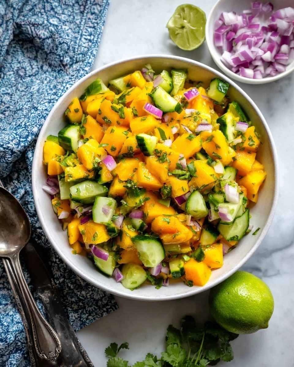 A white bowl filled with a colorful salad made of three main layers: bright orange mango chunks, green cucumber pieces with dark green skin and light green inside, and small bits of purple-red onion mixed evenly throughout; the ingredients are roughly chopped and look fresh with some green herbs sprinkled on top. The bowl rests on a white marbled surface, next to a halved green lime, a small white dish holding more chopped purple-red onion, and some green cilantro leaves. Two vintage silver spoons peek out from the left side of the bowl, resting on a blue and white patterned cloth. Photo taken with an iphone --ar 4:5 --v 7