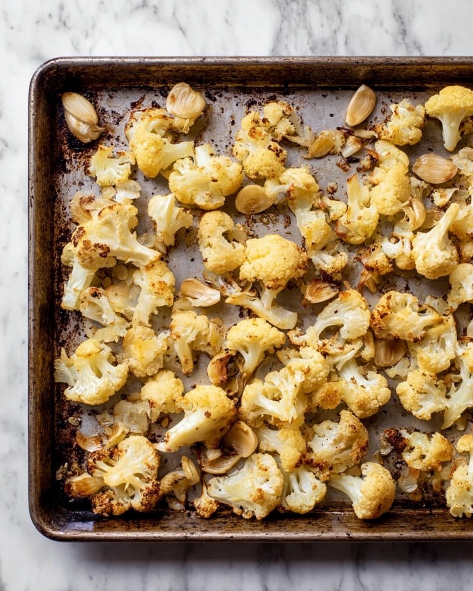 A large old metal baking tray filled with many small pieces of roasted cauliflower, all golden brown and a bit charred, spread out evenly across the tray. The cauliflower pieces are varied in size and shape, with some parts showing browned edges and slightly crispy texture. There are also a few whole garlic cloves mixed in, slightly browned and softened. The tray sits on a white marbled surface. Photo taken with an iphone --ar 4:5 --v 7
