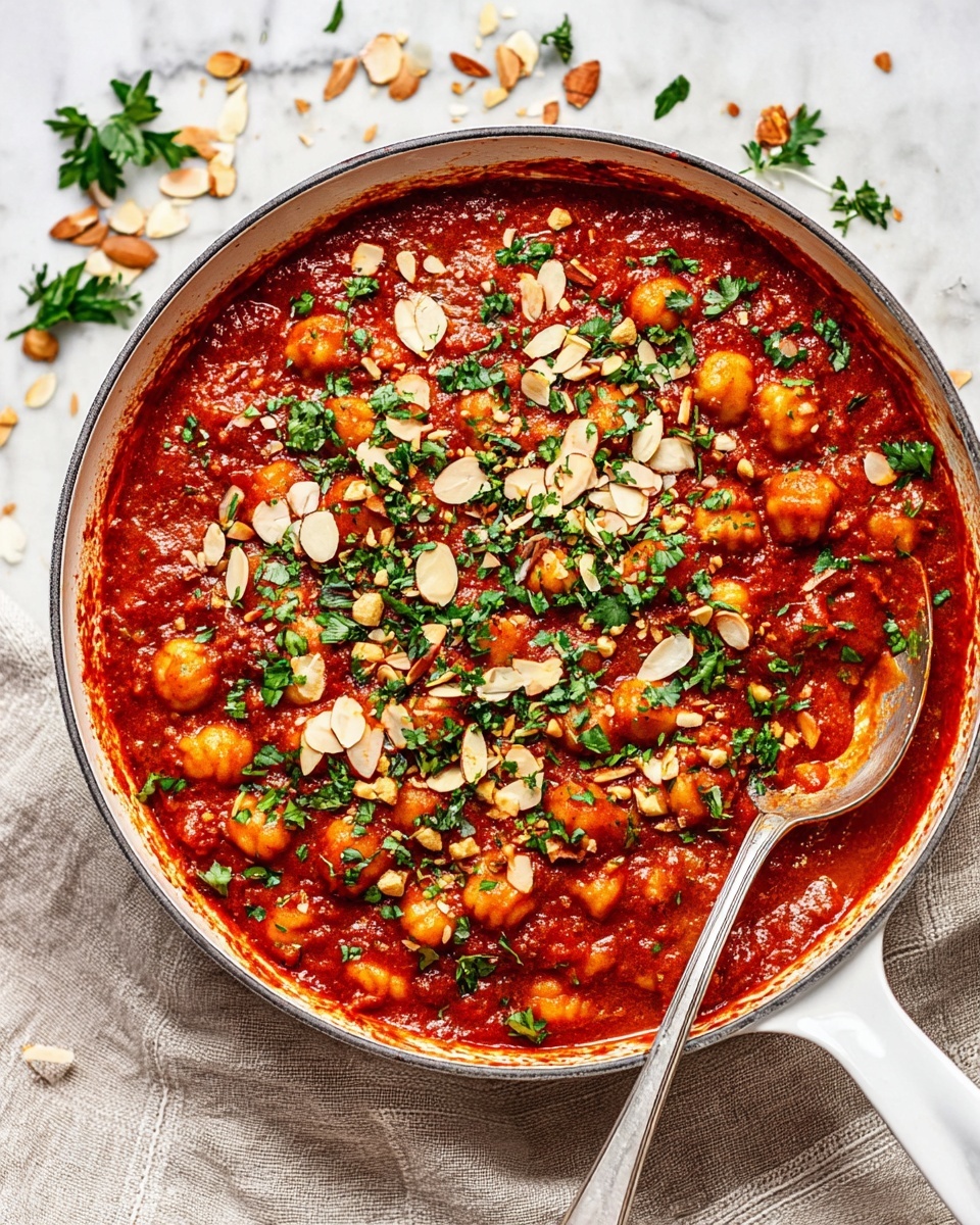 A white pan filled with a thick, rich red sauce with small round gnocchi pieces spread evenly throughout. On top, there are scattered slices of toasted almonds, adding a light beige contrast, and fresh chopped green herbs scattered generously across the surface. A silver spoon rests partially submerged in the sauce on the right side of the pan. The pan sits on a light colored cloth covering a white marbled surface with some almond slices and herbs spilled around it. photo taken with an iphone --ar 4:5 --v 7