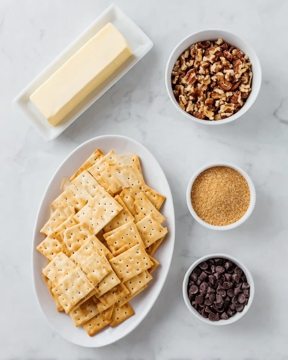 This image shows a white rectangular dish with a solid cream-colored stick of butter in the top left corner and a large white round plate filled with many square, light golden crackers in the center. Surrounding the plate are three small white bowls: one at the top right filled with chopped brown nuts, one at the bottom left holding light brown sugar, and one at the bottom right containing small dark brown chocolate chips. The whole scene is set on a white marbled surface. Photo taken with an iphone --ar 4:5 --v 7