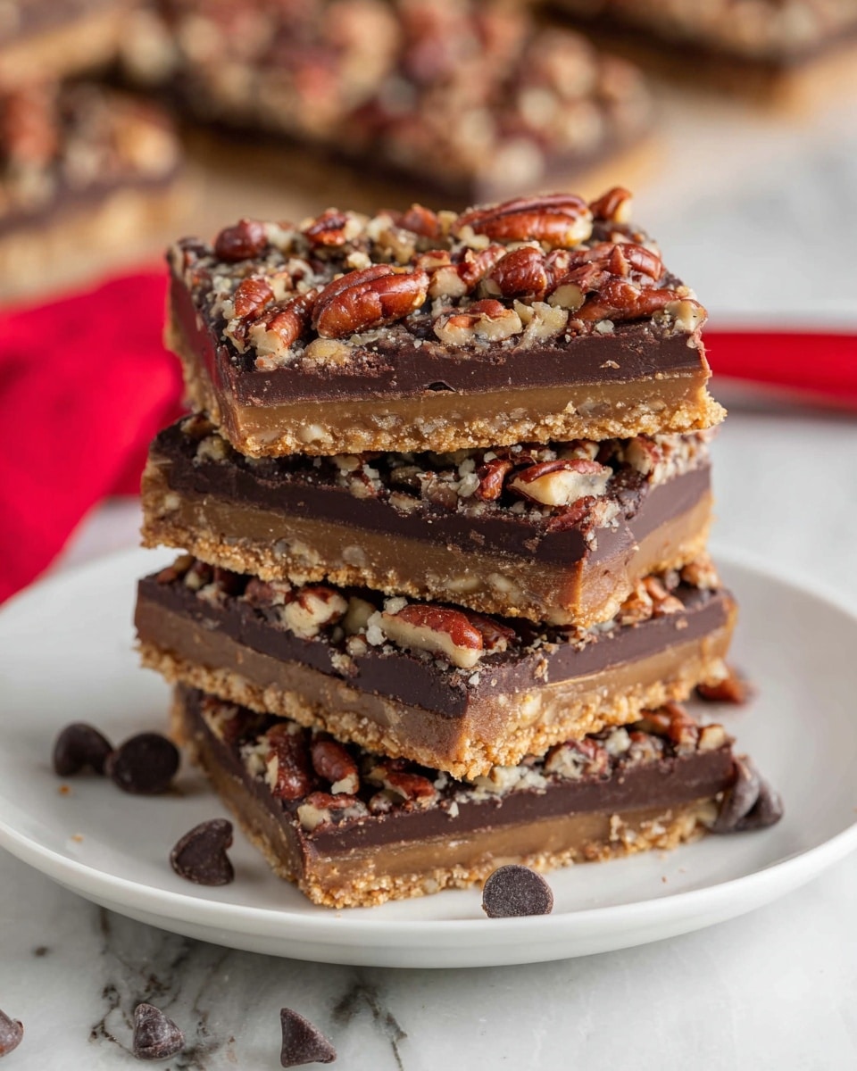 A white plate holds a stack of four thick, square bars. Each bar has three visible layers: the bottom layer is light brown and crumbly, the middle layer is a smooth, dark chocolate, and the top layer is also dark chocolate but covered with chopped pecans that add a rough texture. Around the plate, a few dark chocolate chips lie scattered. The background shows a white marbled surface with blurred pieces of the bars and a red utensil near the stack. photo taken with an iphone --ar 4:5 --v 7