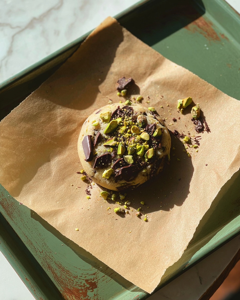 A single round cookie sits in the center on a piece of light brown parchment paper, placed on a green tray with a slightly worn texture. The cookie has a light brown base with uneven chunks of dark chocolate and crushed green pistachios generously sprinkled on top. Some pieces of pistachio and chocolate have fallen around the cookie on the parchment. The scene is lit by soft sunlight, casting gentle shadows and adding warmth. The photo is taken on a white marbled surface. Photo taken with an iphone --ar 4:5 --v 7