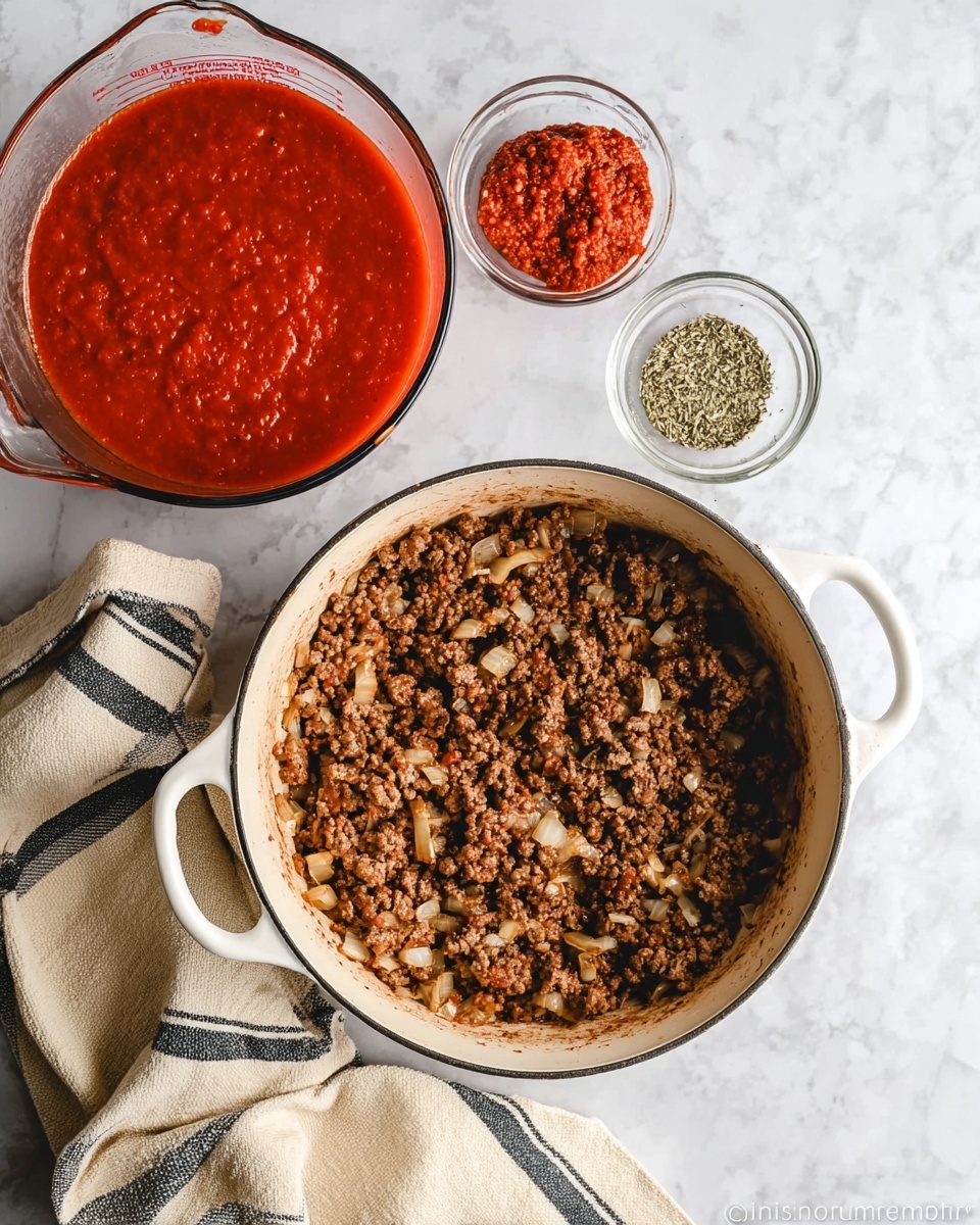 A white pot filled with browned ground meat mixed with cooked onion pieces, all sitting on a white marbled surface. Above the pot, a clear glass measuring cup holds a thick bright red tomato sauce, and two small clear glass bowls contain dried herbs and a dense red paste. A beige and black striped cloth is slightly bunched up next to the pot. photo taken with an iphone --ar 4:5 --v 7