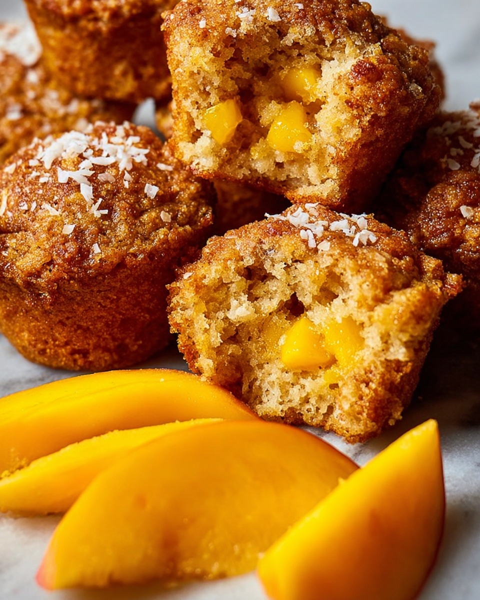 The image shows a close-up of several muffins with a crumbly brown top sprinkled with white flakes, likely coconut. One muffin is broken open revealing a soft, moist inside with bright yellow chunks of fruit, probably mango or peach, distributed inside. The muffins rest on a white marbled surface next to neatly sliced pieces of a bright yellow-orange fruit, which adds a fresh, juicy contrast. The texture of the muffins appears tender and crumbly with a slightly rough, golden-brown crust. Photo taken with an iphone --ar 4:5 --v 7