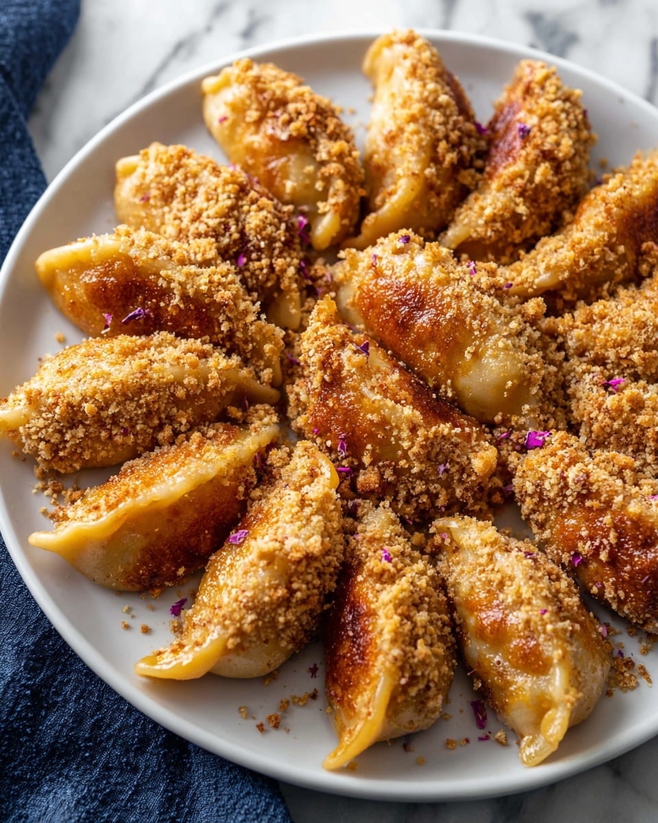 A white plate holds about twelve dumplings arranged in a circle. Each dumpling has a golden brown shiny texture and half of it is coated with crunchy crushed nuts that are light tan in color. Small purple flakes are sprinkled on top of the dumplings, adding a touch of color to the warm golden and tan shades. The plate rests on a white marbled surface and a dark blue cloth peeks from the left side of the frame. Photo taken with an iphone --ar 4:5 --v 7