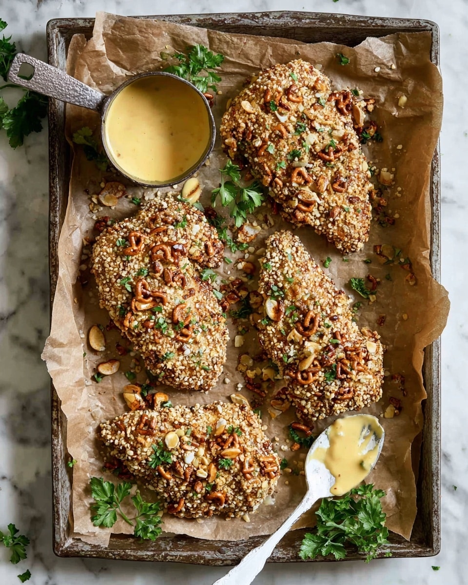 On a rustic metal tray lined with crinkled brown parchment paper, there are four pieces of breaded chicken covered in a crunchy, chunky coating made of crushed pretzels and herbs, giving them a mix of light brown, tan, and green colors. Scattered around the chicken pieces are some broken pretzel bits and fresh green parsley leaves adding pops of color. To the top left of the tray, a small old-fashioned metal cup contains a smooth, creamy yellow sauce. Next to the sauce on the right, a white spoon with some sauce on it rests on the paper. The whole scene is set on a white marbled surface photo taken with an iphone --ar 4:5 --v 7