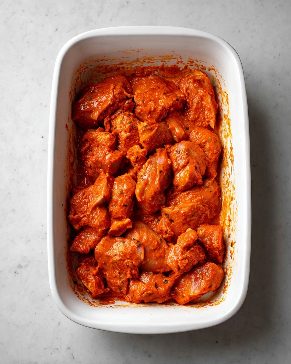 A white ceramic baking dish filled with several pieces of raw chicken coated in a thick, bright orange-red sauce. The chicken pieces are unevenly shaped and closely packed, with the sauce covering every piece, showing a slightly textured and moist surface. The dish sits on a white marbled surface. photo taken with an iphone --ar 4:5 --v 7